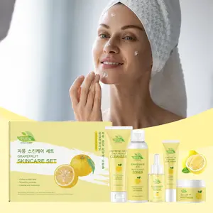 HANCHOBIT Unisex Grapefruit Skincare Set - Vitamin C, Lemon Extract Infused Refreshing Citrus Botanical Liquid, 5-In-1 Adult Facial Care Kit for Deep Moisture, Natural Radiance Boost, Gentle Morning & Night Essentials