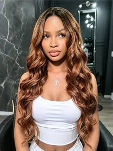 Chestnut Brown Ombre Body Wave Lace Front Wig 28 Inch Copper Brown Synthetic Hair 13x4 HD Transparent Lace Pre-Plucked Natural Hairline Heat-Resistant Free Part for Daily & Party Wear
