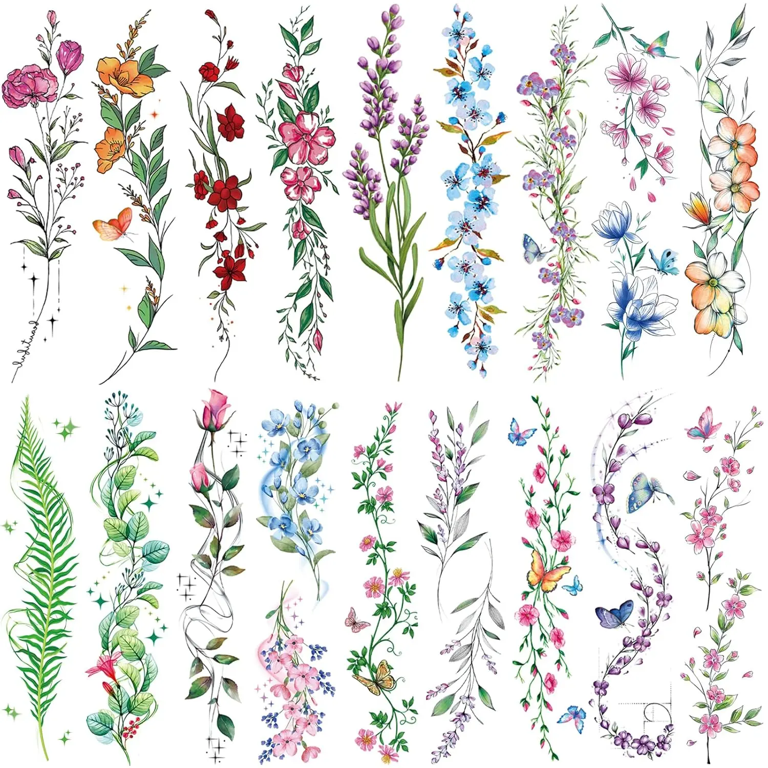 Watercolor Temporary Tattoos for Women and Girls - 24 Sheets of Colorful Flowers, Lavender Roses, Vines, Forget-me-nots, Plum Blossoms, Wild Flowers, Realistic Waterproof Tattoo Stickers for Body Art.