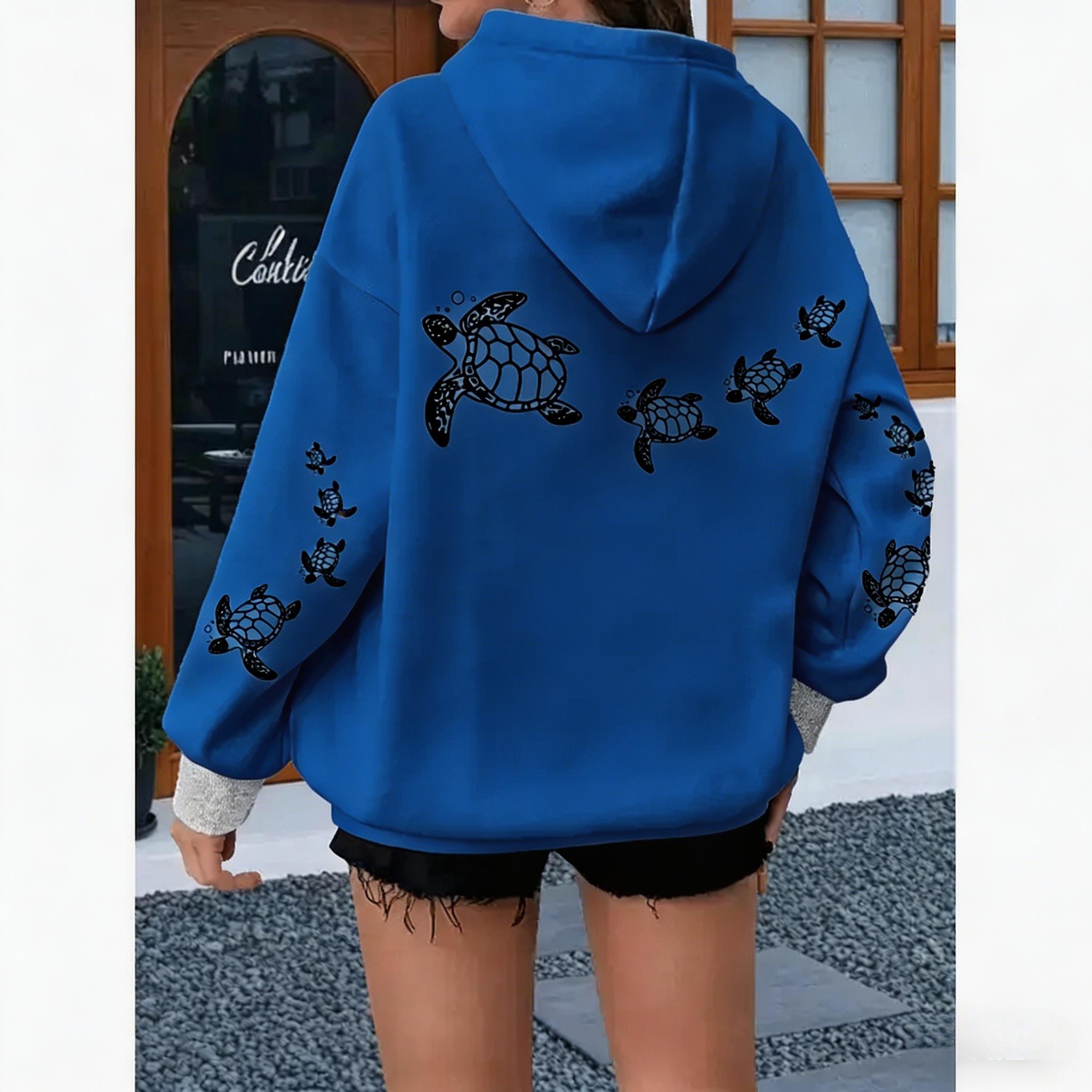 Women's plus-size loose hoodie with turtle print - pink and white casual pullover sweatshirt, kangaroo pocket and drawstring hood, machine washable, comfortable for all seasons, loose fit, soft fabric