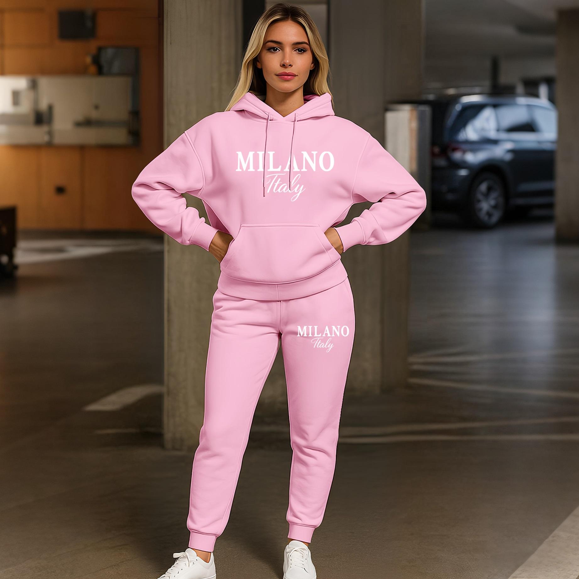 Women's MILANO Print Hoodie & Jogger Set, Long Sleeve Hooded Sweatshirt + Drawstring Pants, Fall/Winter Casual Sportswear, Comfortable Streetwear Tracksuit for Indoor & Outdoor Women's MILANO Print Hoodie & Jogger Set, Long Sleeve Hooded Sweatshirt + Drawstring Pants, Fall/Winter Casual Sportswear, Comfortable Streetwear Tracksuit for Indoor & Outdoor