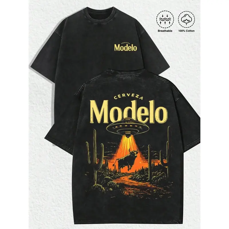 Men's Retro UFO Graphic Cotton T-shirt - Vintage Washed Distressed Fabric, Loose Chic Streetwear Top, Breathable Wrinkle-Resistant Soft, Ideal for Casual Fitness Party, Gifts for Him