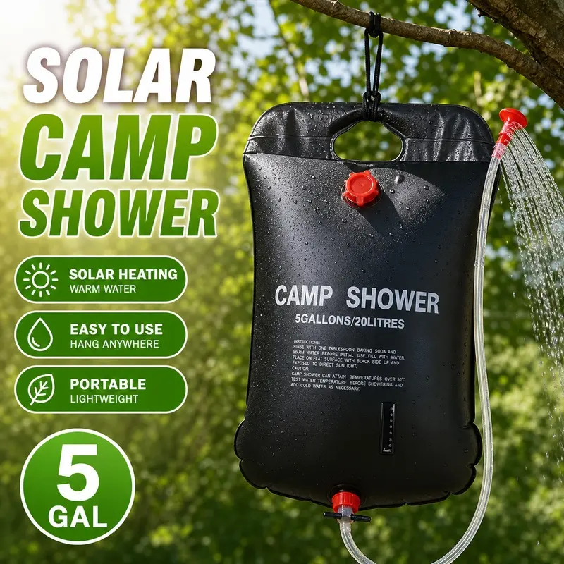 Solar Heated Camp Shower Bag 5 Gallon Large Capacity BPA Free Odorless Outdoor Hanging Shower with Switch Nozzle Lightweight Portable Water Shower for Emergency Outdoor Adventure Camping Supplies Portable Showers