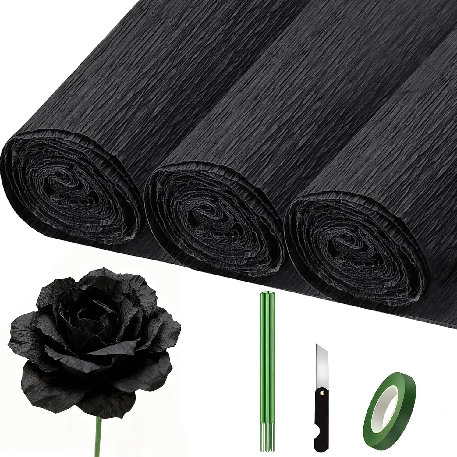 Heavy Crepe Paper Roll Set (3 Rolls, 9.8x8.2ft), Black Multi-Color Crepe Paper for Birthday, Wedding Party Decorations, DIY Crafts, Three Rolls