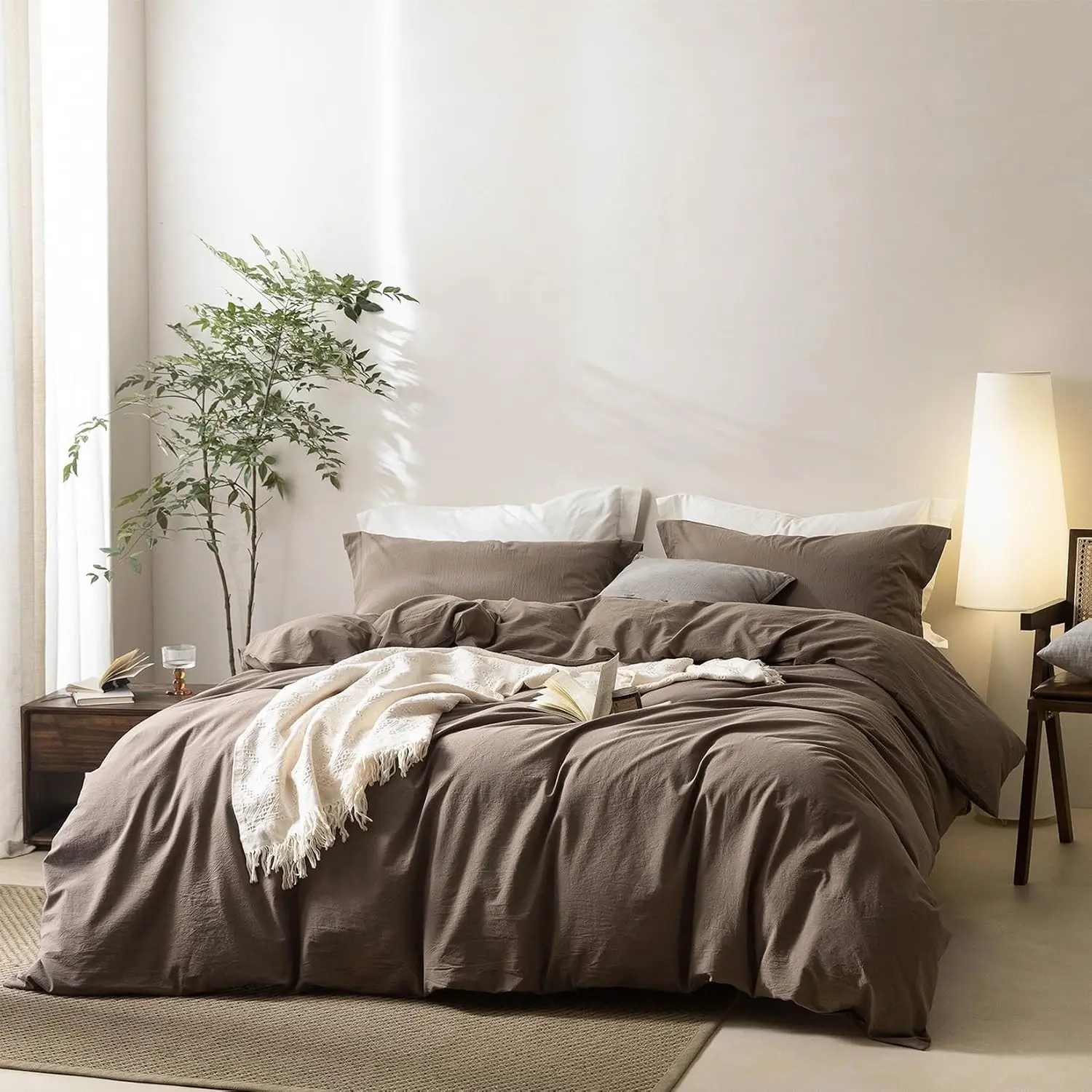 3 Pieces Light Chocolate Brown Duvet Cover Set Queen Size 90'' L x 90'' W, 100% Washed Cotton Duvet Cover with Zipper Closure Plus 2 Pillowcases, Oeko TEX Standard Certificated