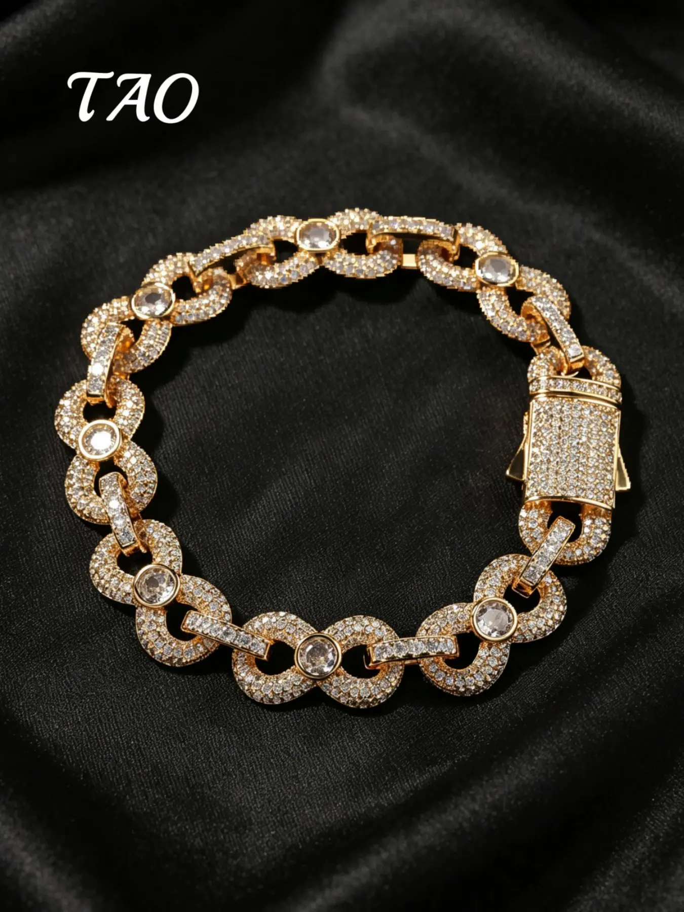 TAO-Creative Luxury 8-Word Design Bracelet, 16mm Wide, Copper Inlaid 5a Zircon, Hip Hop Style, Unisex, Couple Jewelry, Fashionable and Versatile, Artificial Zircon Bracelet