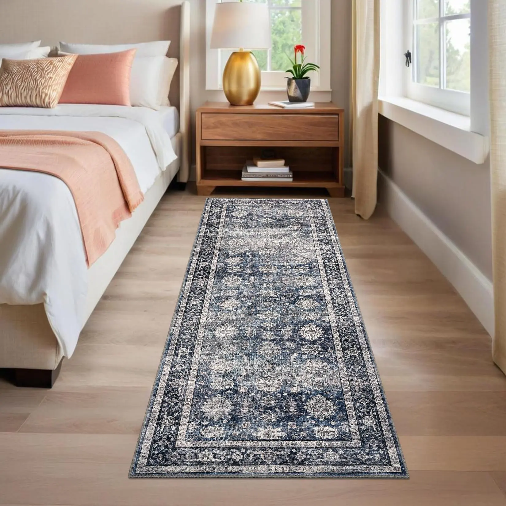 GARVEE Hallway Rugs 2x6 Vintage Runner with Non-Slip Backing, Machine Washable Oriental Distressed Area Rug, Stain-Resistant Foldable Low Pile Carpet for Laundry and Kitchen, Blue