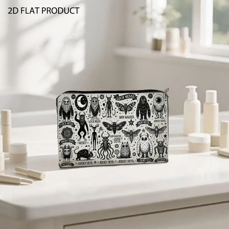 Vintage Cryptid Creature Print Makeup Bag, Cosmetic Bags, 5.9*8.66inch Double-Sided Mythical Monster Design with Mothman, Loch Ness, Celestial Elements, Portable Cosmetic Pouch for Daily Storage & Travel Use