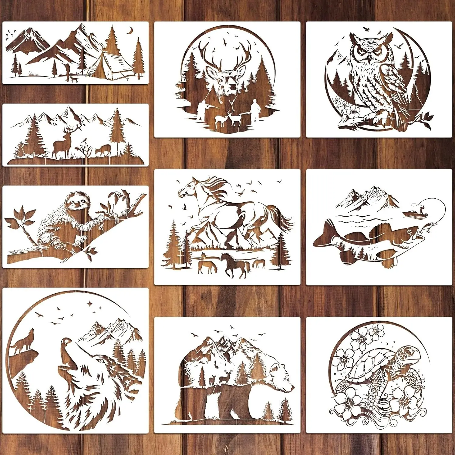 10 Pcs Large Wildlife Wood Burning Stencils for Painting Reusable Forest Animal Templates Horse Deer Turtle Fish Owl for Drawing Walls, Wood, Fabric, Home DIY Stencil Crafts