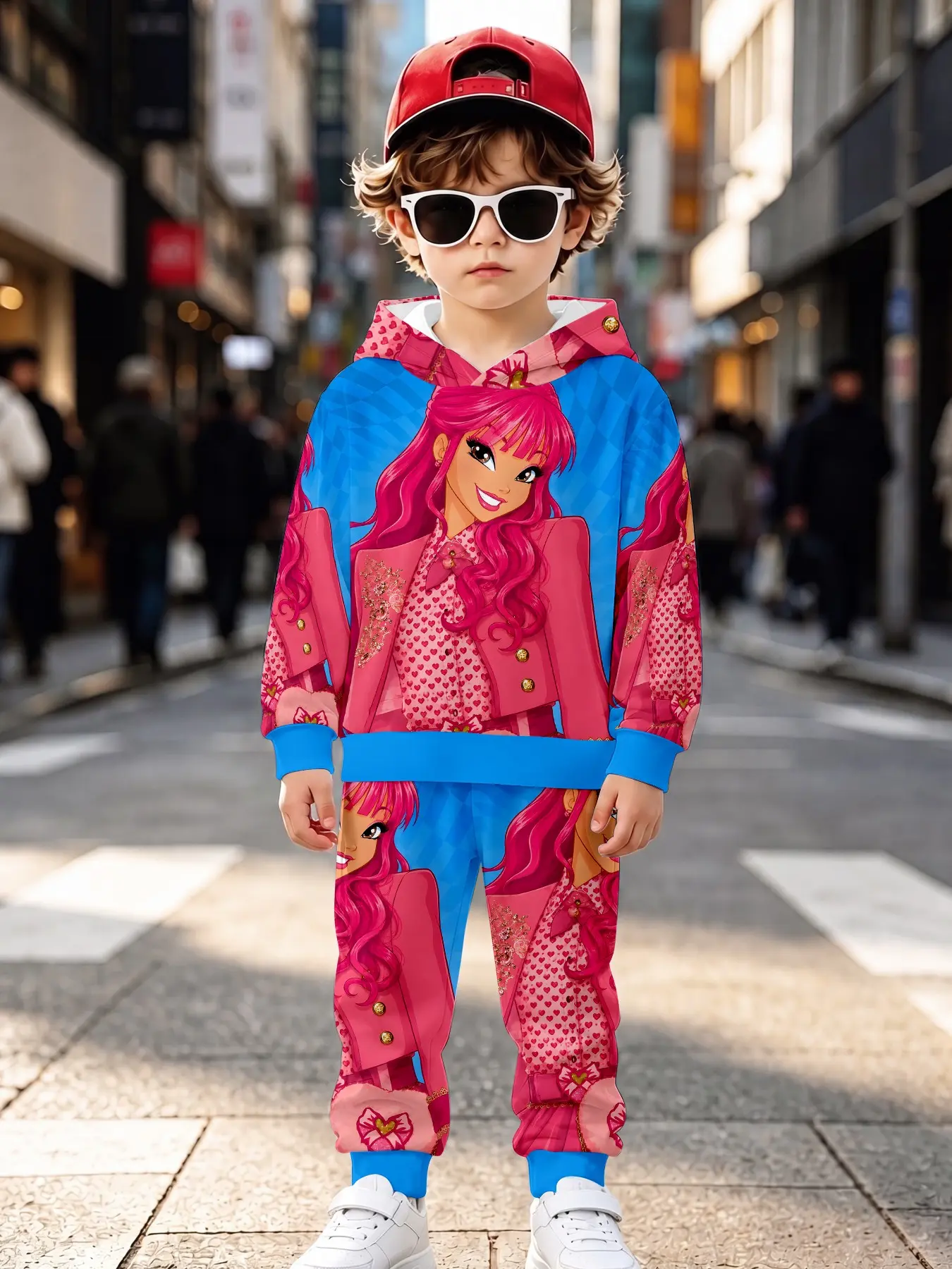 Hair Cartoon Girl 3D Full Print Kids Hoodie Set, Long Sleeve Loose-Fit Sweatpants, Casual Fall & Winter for Children