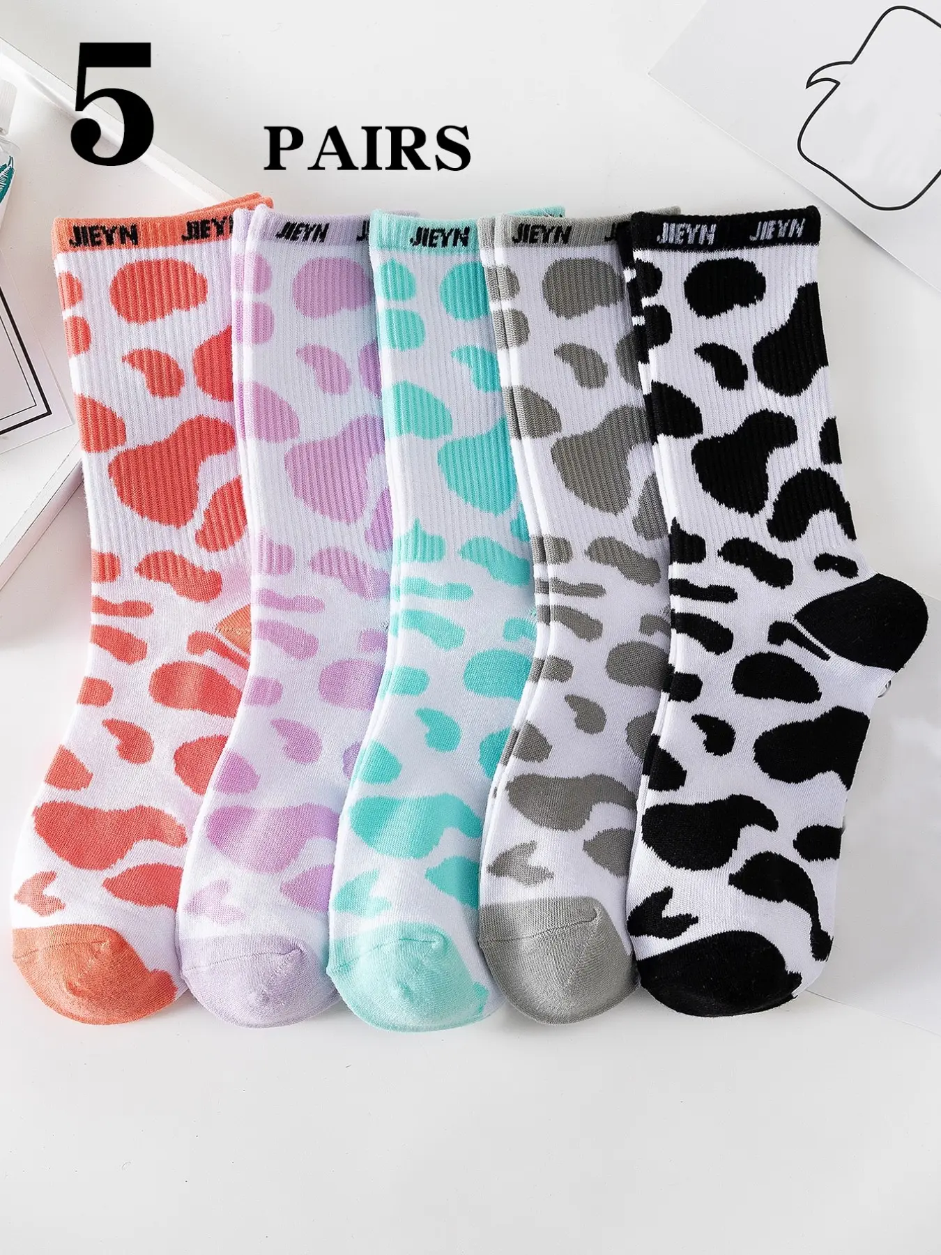 5 Pairs Colorful Cow Print Mid-Calf Sports Socks, Comfortable and Durable, Perfect for Daily Wear, Available in Multiple Colors