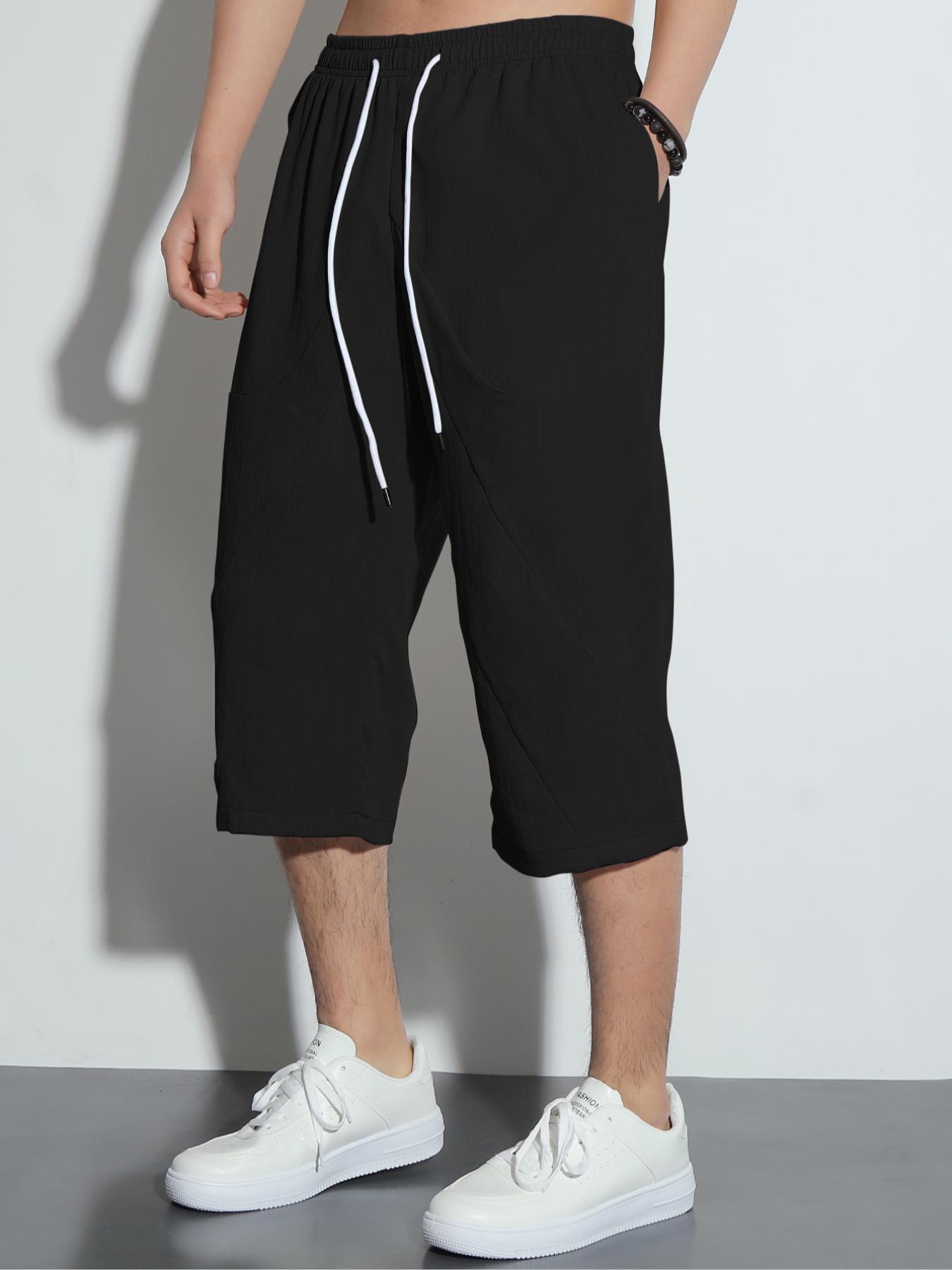 Men's Solid Color Drawstring Waist Capris Pants, Casual Lounge Pants, Regular Fit Casual Comfortable  Breathable Pocket Capri Pants for Summer, Fashion Men's Bottoms for Daily Wear