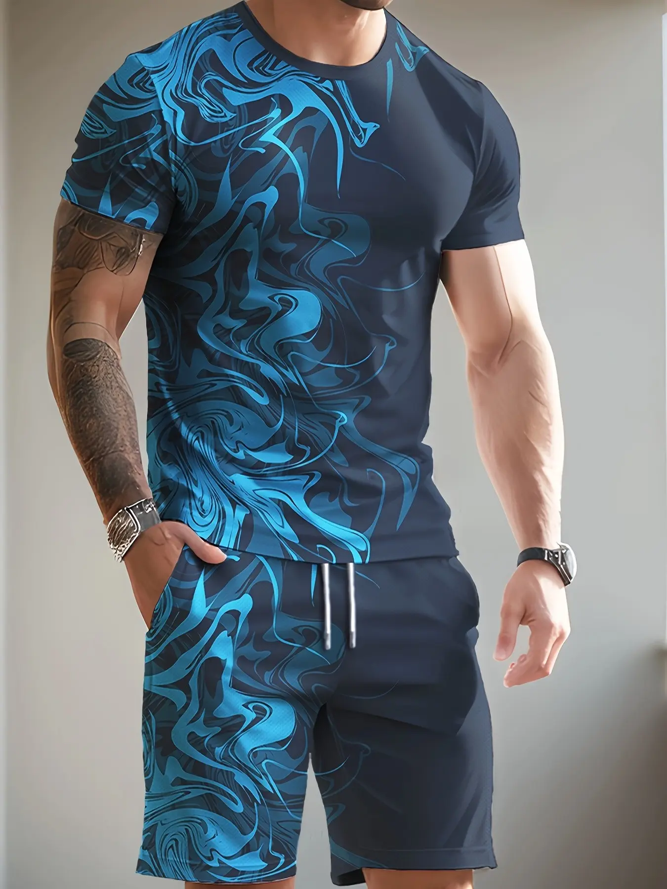Men's Swirl Print T-Shirt and Shorts Set, Gradient Marble Pattern, Casual Loose-Fit Summer Two-Piece