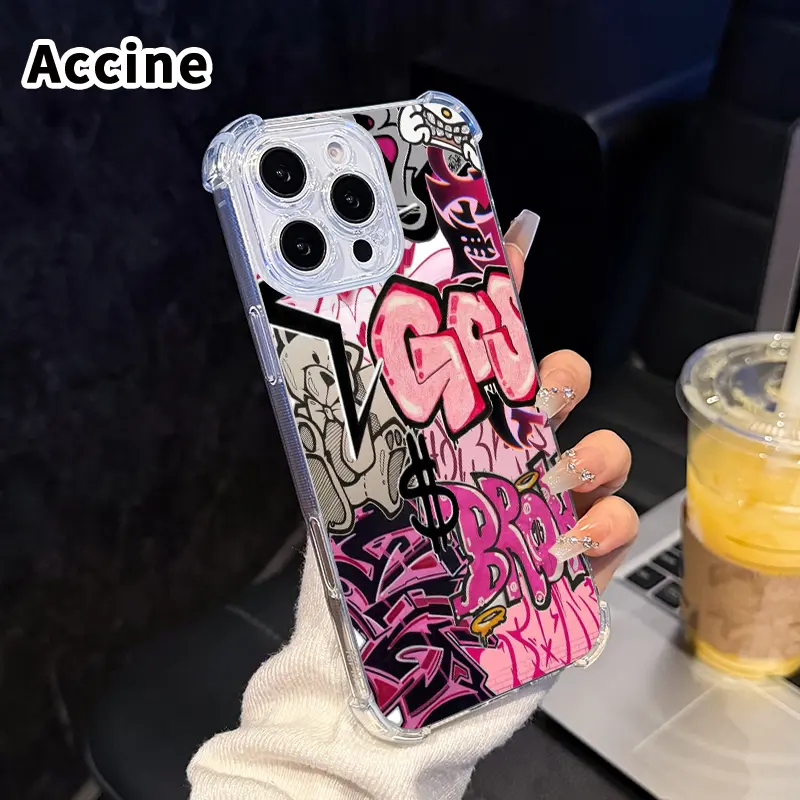 Phone Case for iPhone 17 Air 16 E 15 14 13 12 Pro Max Plus 11 Pink Graffiti Hello Kitty Bear Art Four Corners Air Cushion Pattern Anti-drop Transparent Non-Yellowing Silicone Cover