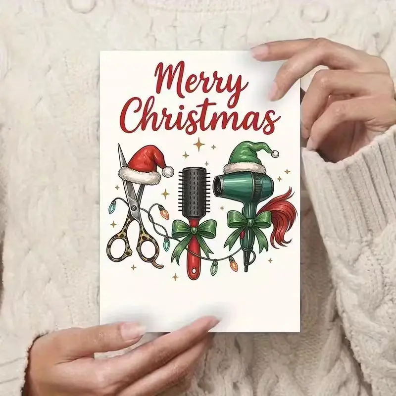 1Pc Christmas Hairdresser Gift Card With Scissors, Combs And Hair Dryer Design - Holiday Hair Salon Festival Card With Merry Christmas Lettering, Hair Styling Tools And Red Bows - Respect Gift For Hairdressers, Ideal For Salon Owners & Stylists
