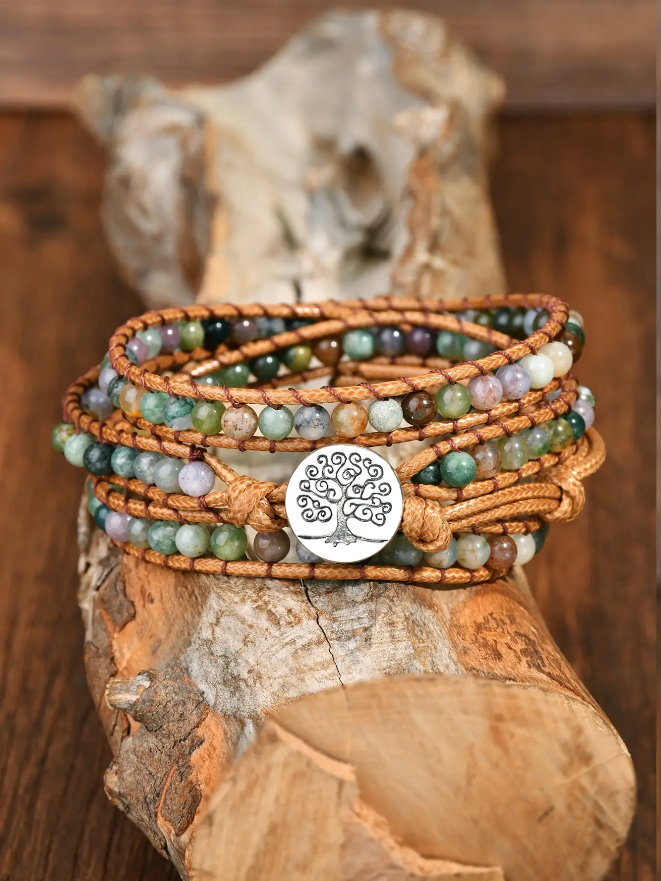 Bohemian Natural Indian Agate Multi-Layer Wrap Bracelet, Vintage Ethnic Life Tree Stone, Adjustable Unisex Jewelry Gift
