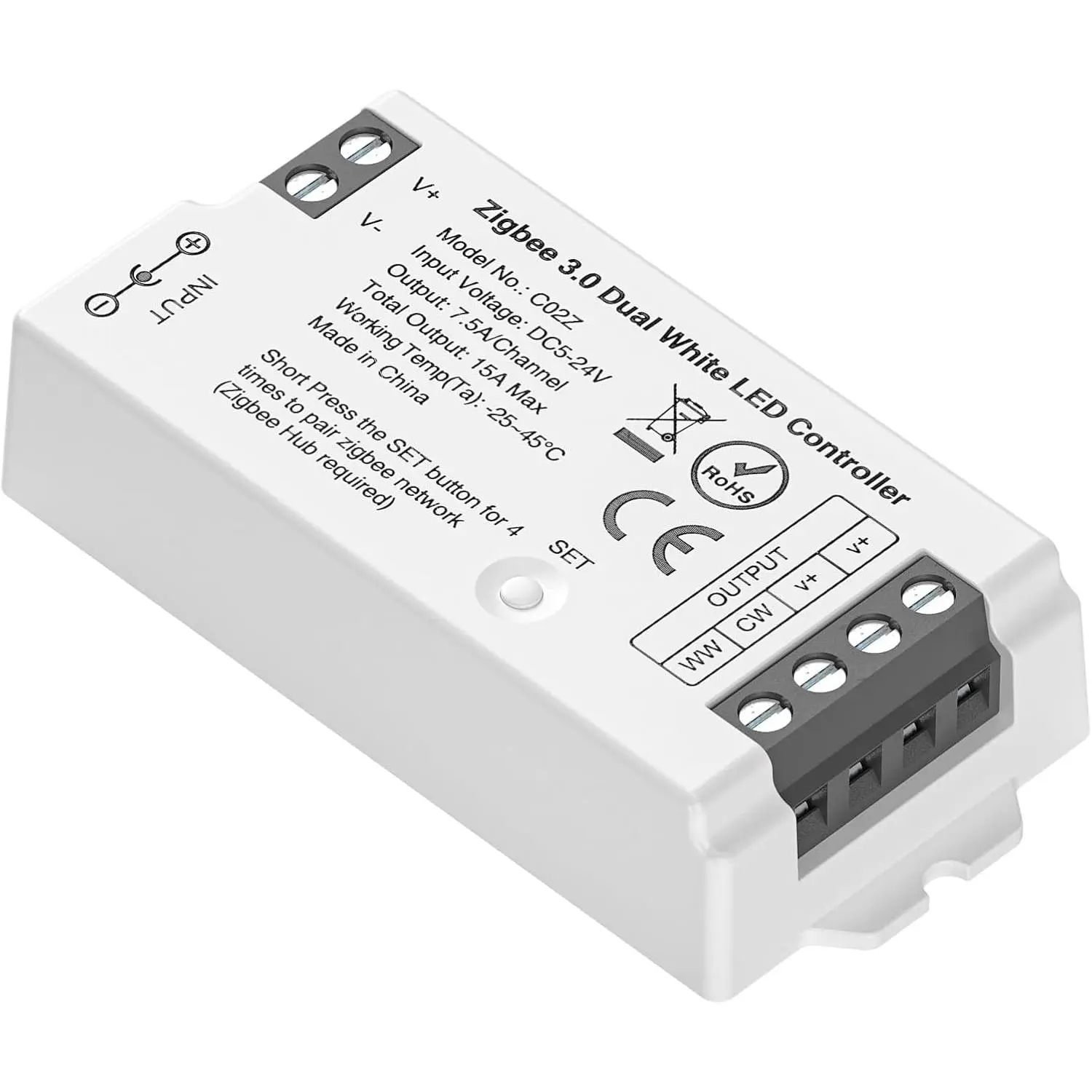 Tuya Zigbee 3.0 C02Z LED Controller Support CCT 3 pin (+V CW WW) PWM FCOB COB SMD Light Strip Compatible with Echo Plus/4th Gen Philip Gateway DC5V/DC12V/DC24V Max 15A