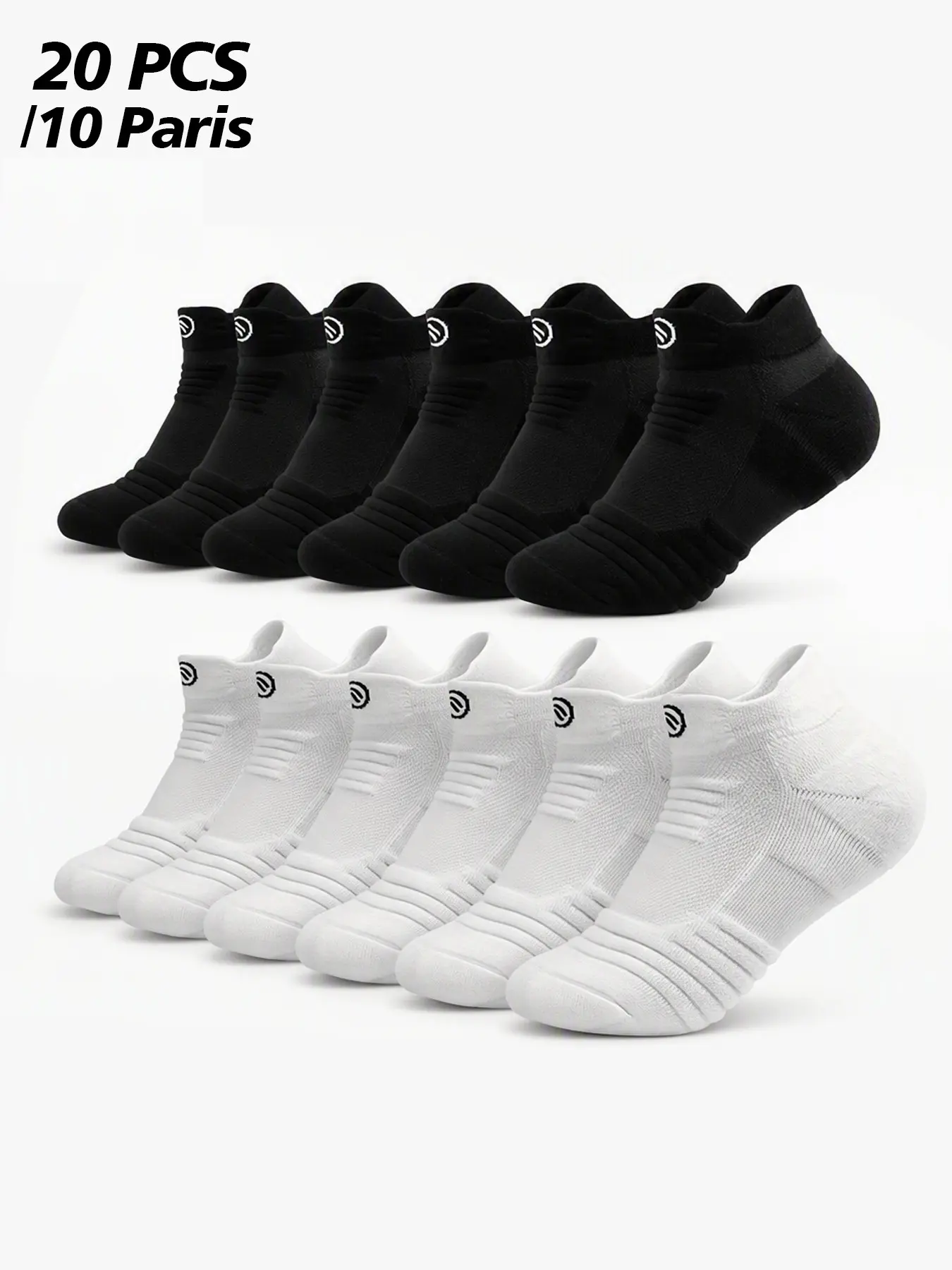 20 Pcs（10 Pairs） Thick Cushioned Ankle Athletic Socks for Men Women Terry Cloth Arch Support Reinforced Heel Toe Black White Basketball Running Sports