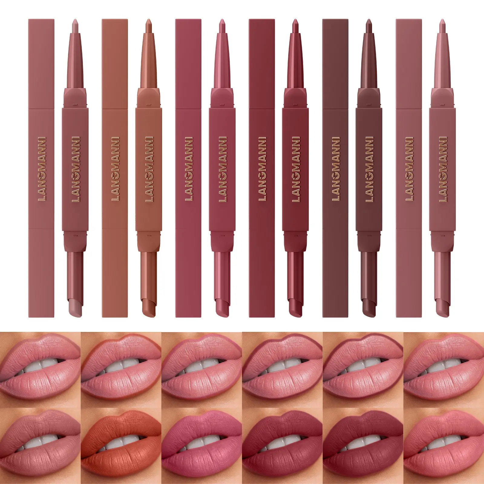 Langmanni 6pcs Dual-Ended Lip Liner & Lipstick Set, Lip Duo, Matte Finish, Smooth Application, Precise Lip Shape, 12 Colors Available
