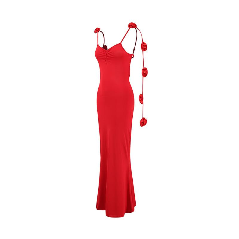 Women's sexy evening dress, backless with shoulder straps, decorated with three-dimensional flowers, long slip dress