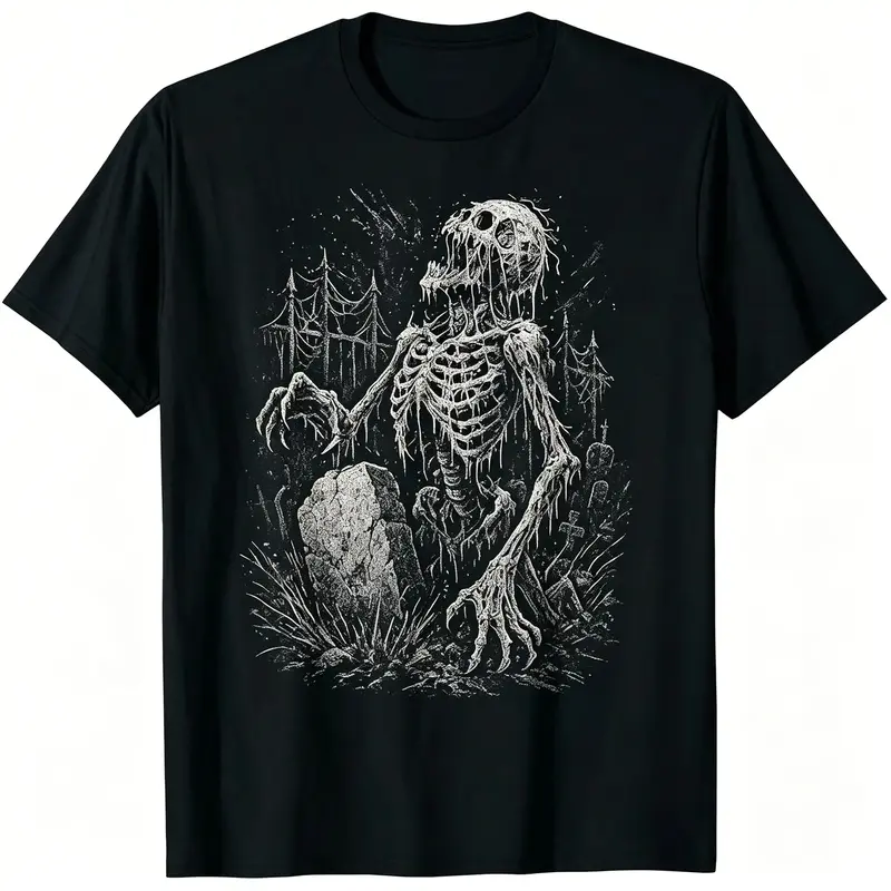 Men'S Zombie Skeleton Undead Horror Graphic T-Shirt - Soft Gothic Heavy Metal Inspired Tee with Graveyard Art, Short Sleeve Crew Neck Casual Shirt for Halloween, Themed Events & Casual Attire