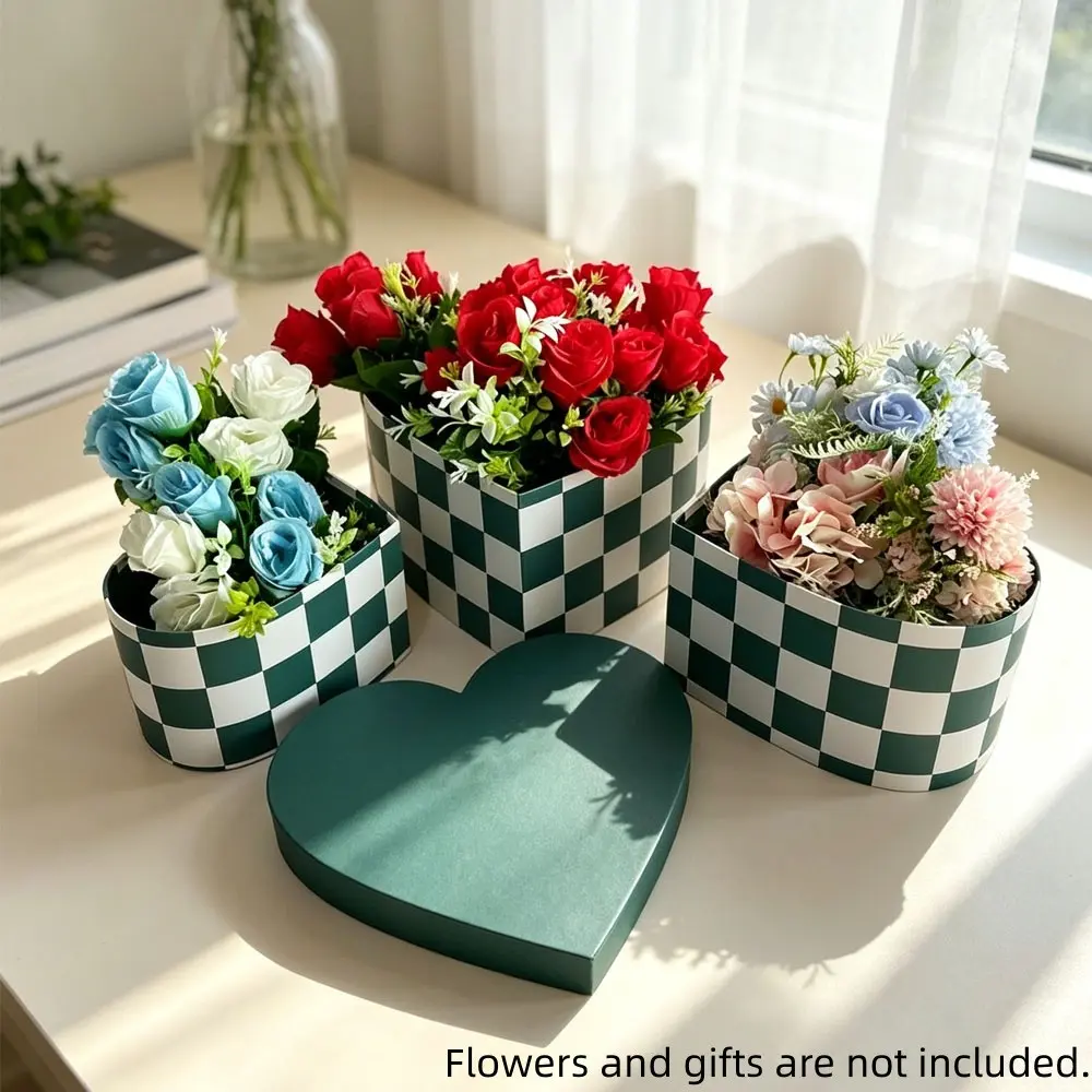 Heart Checkerboard Box Set of Three, Lidded Design, Holds Flowers or Gifts, Ideal for Birthday, Valentine's Day, Wedding, Party