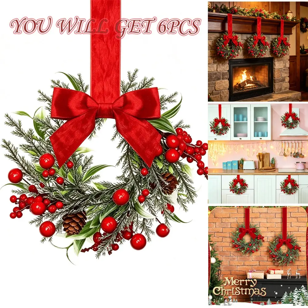 6-Piece Christmas Cabinet Decorative Wreath Set, Satin Ribbon Bow & Berry Decorations, Kitchen Window Door Decoration, Farmhouse Style Holiday Party Decor