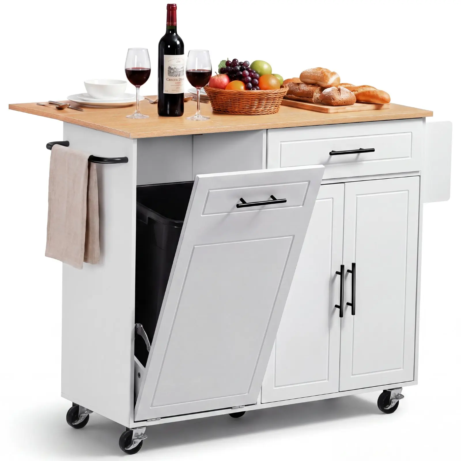 【DealsForYouDays】VEVOR Kitchen Island Cart with Storage, 46.06 in Wide Mobile Rolling Storage Island on Swivel Wheels, with Drawer, Storage Cabinet, Drop Leaf, Spice/Towel Rack, Table for Home Dining Room, White