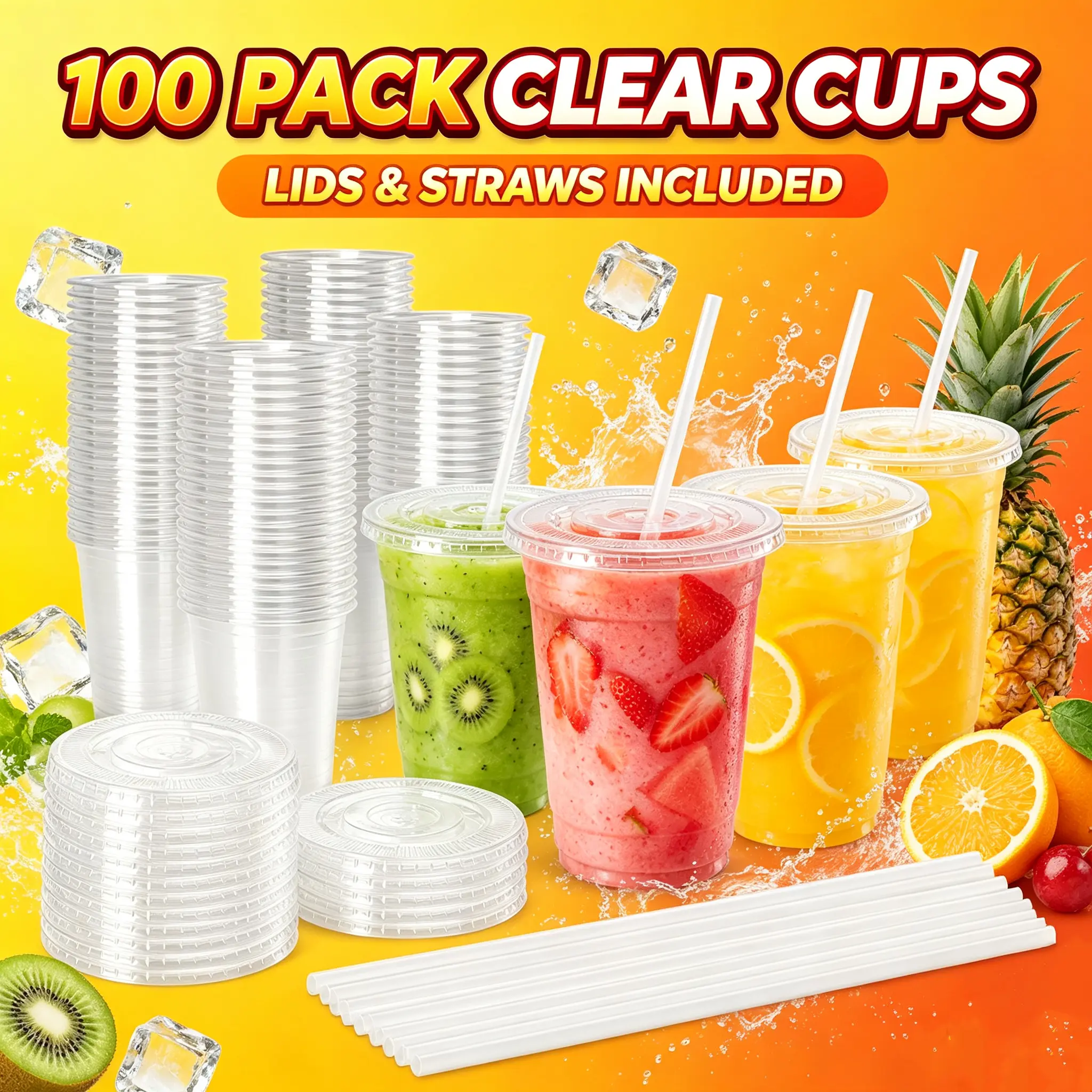 100 Pack Disposable Clear Plastic Iced Coffee Cups with Lids & Straws, 16oz/20oz/24oz Portable Cold Drink Cups for Camping, Travel, BBQ & Outdoor Parties, Suitable for Juice, Milkshakes & Daily Beverages