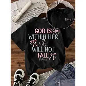 Women's Christian Bible Verse T-Shirt 'God Is Good In Her, She Shall Not Die' - Psalm 46:5, Pink And Blue On Black, Casual Short-Sleeved Crew Neck Top With Pink Bow Decoration - Faith Clothing, For Church, Bible Study, Daily Wear