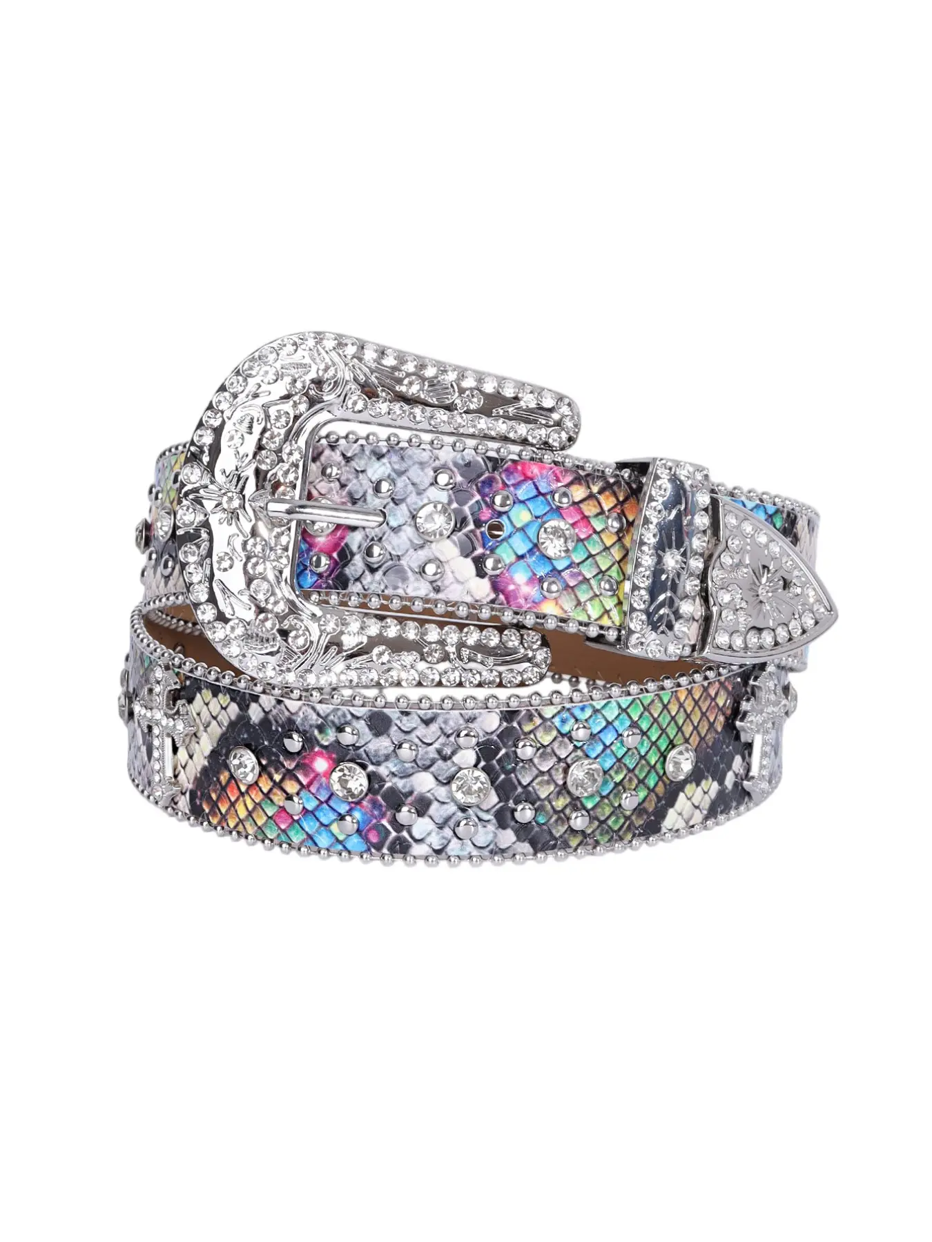 Colorful Snake Skin Studded Cross Belt, Iridescent Rainbow Rhinestone Decorated Belt, Engraved Crystal Buckle, Y2K Punk Cowboy Waist Strap, Unisex Bling Accessory, Sparkling Western Belt