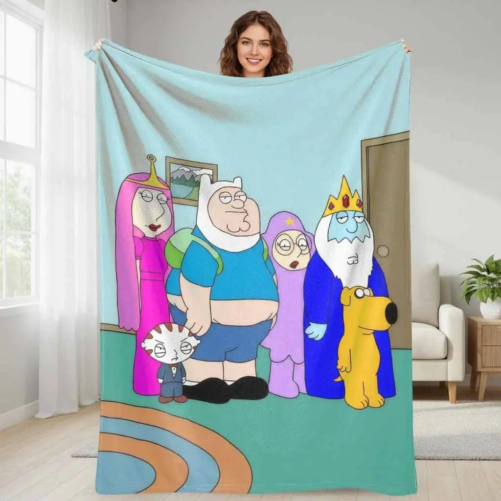 Adventure Time x Family Guy Crossover Characters Flannel Blanket, Multi‑Size Wrinkle Resistant, Soft Warm Lightweight With Long‑Lasting Vivid Color, For Beds Sofa Bedroom Travel Home, Cartoon Fan Gift