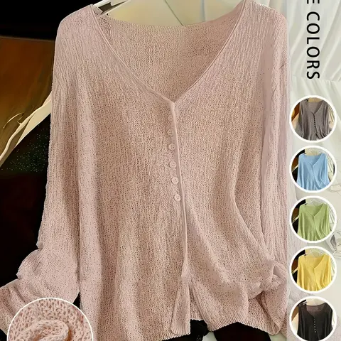 Loose Long Sleeve Sun Protection Knitwear Button Cardigan, Lightweight Solid Knit Breathable Summer Casual Fitted Top, Layered Look for Lazy Style