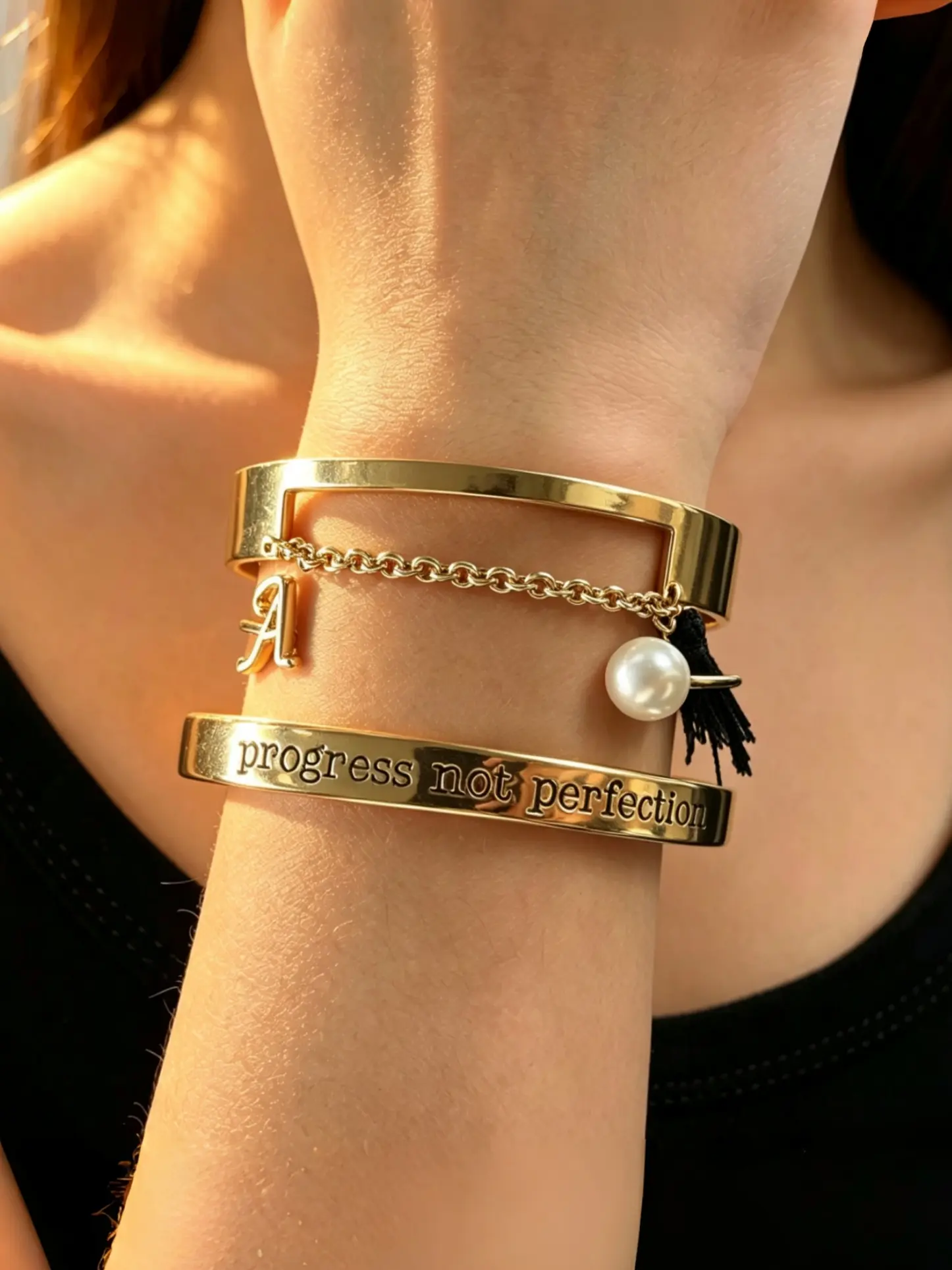 3-Piece Bracelet Set, 14k Gold Plated Letter Engraved, Initial Pearl, Open Chain, Minimalist Style, Perfect Gift for Women