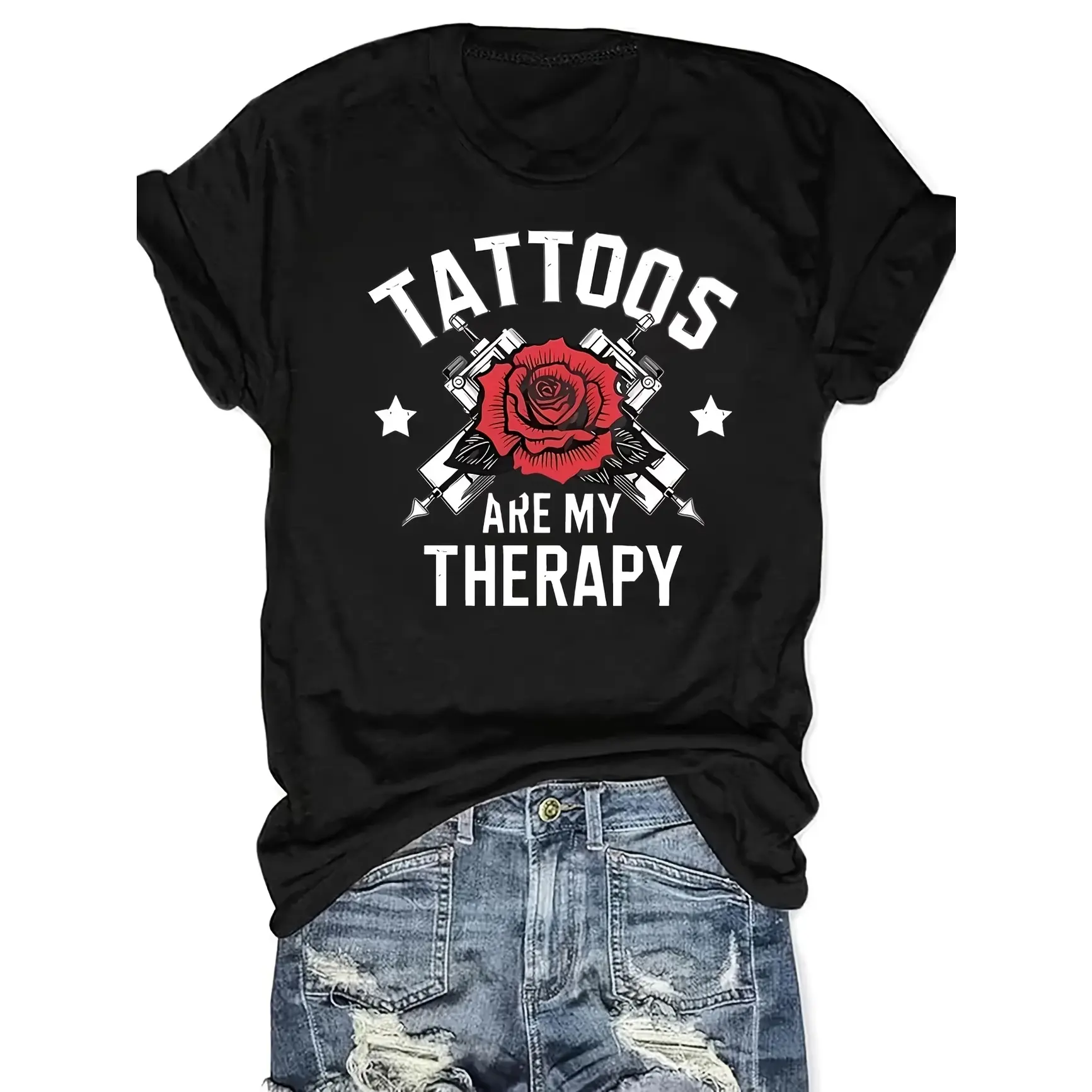 Tattoos Are My Therapy Cross Tattoo Machine Rose Graphic Oversized Cotton T-Shirt, SummerVibes,Retro Fashion Comfort Outfit Tee, Perfect Valentine Birthday Gift For Tattoo Lover Him Her Friends