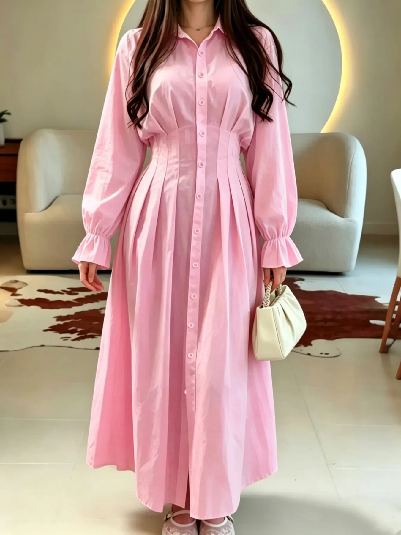 2026 Fall New Lapel Ruffle Waist Long Sleeve Dress, Pleated Waist Shirt Dress, Fashionable Women's Clothing, Elegant and Stylish Design, Casual Wear, Button, Feminine, Elegance