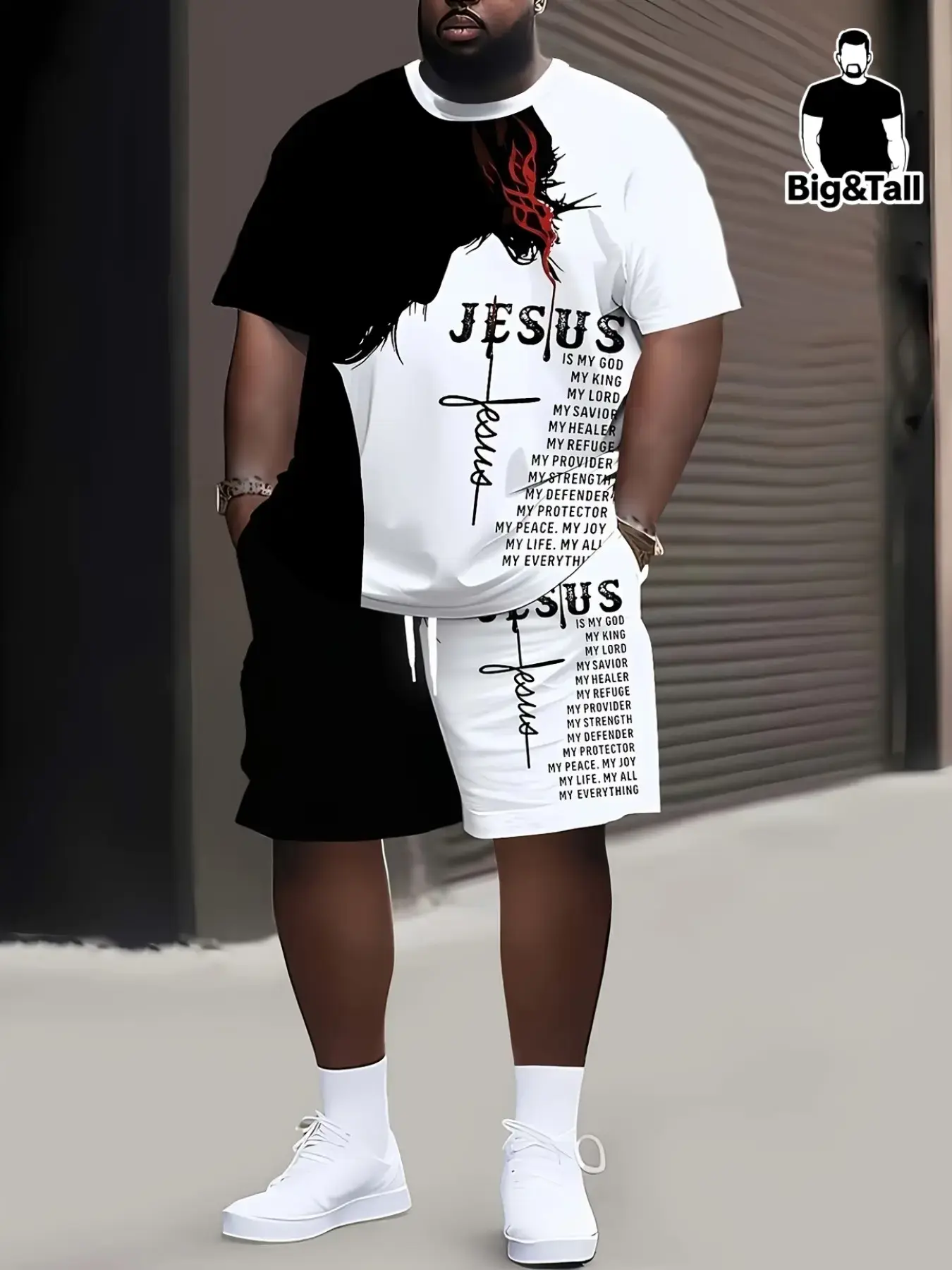 Men's Summer Jesus Theme Letter Print Set, Menswear Round Neck Short Sleeve Tee & Shorts, Casual Loose-Fit, Knee-Length, Unlined, Relaxed Lounge Set, Clothes