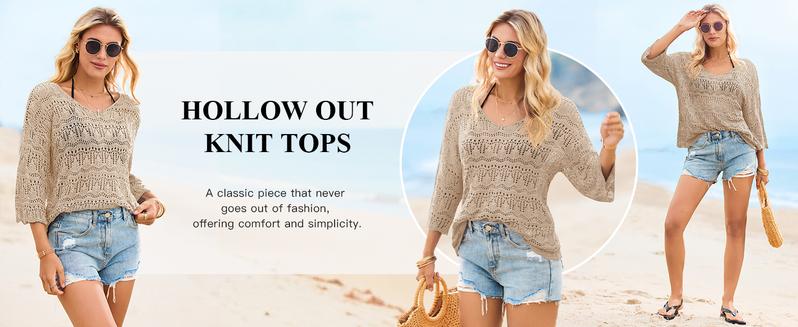 Saodimallsu Womens Crochet Cover Up Tops 3/4 Sleeve V Neck Summer Boho Knit Beach Coverups 2026 Resort Wear
