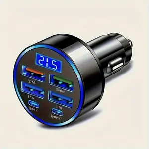 1pc - 6-Port Super Speed ​ ​ Car Charger - 66W Dual PD Ports, LED Voltage Monitor, 4 USB And 2 Type-C Multi-Port Adapter for Fast Charging on The Go - Universal Car