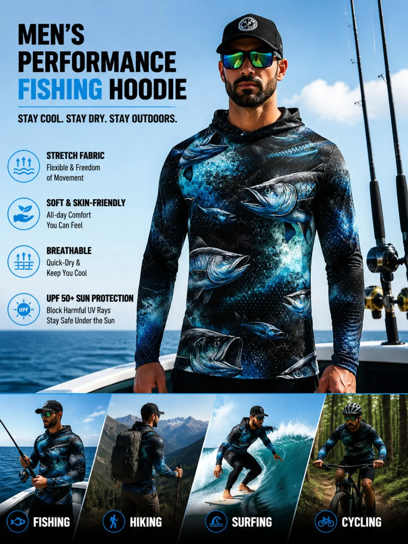 Men UPF 50+ Sun Protection Fishing Hoodie Tarpon Fish Print Long Sleeve Quick Dry Fishing Shirt
