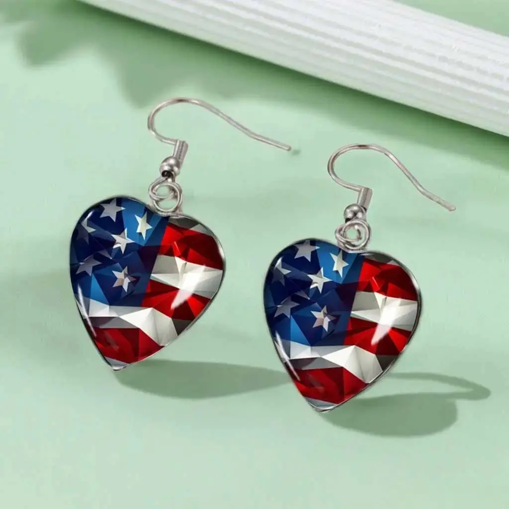 1 Pair of Unique Abstract Geometric "American Flag Multifaceted Heart-Shaped Glass Cabochon Pendant Earrings Necklace - Patriotic Style Jewelry, Without Battery cycling