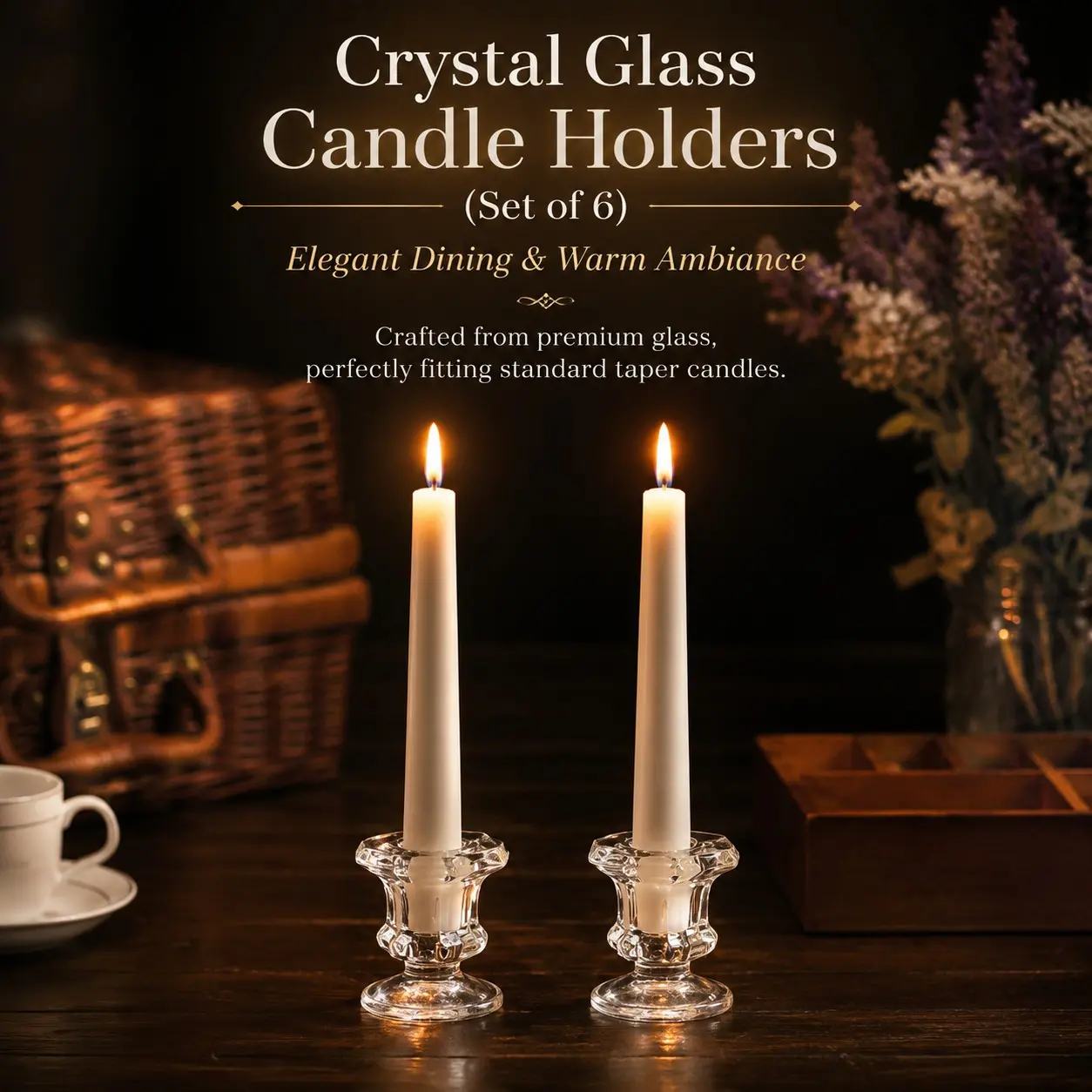 6 Piece Luxury Crystal Glass Candle Holder Set, Transparent Long Candle Base, Suitable for Regular Candles, Table Wedding Party Home Decor