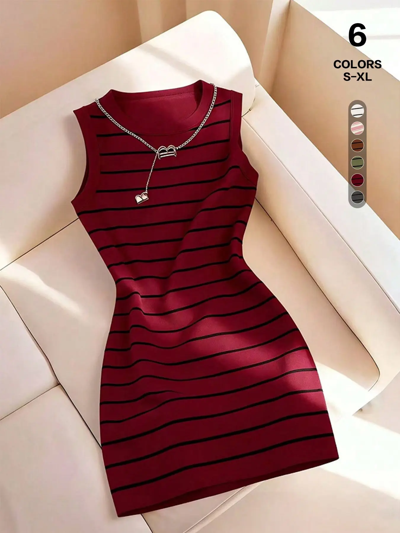 Women Striped Sleeveless Crew Neck Mini Bodycon Dress, Slim Fitted Pencil Tank, Soft Stretchy Breathable Fabric, Casual Outings, Shopping, Vacation, Soft Knit Dress