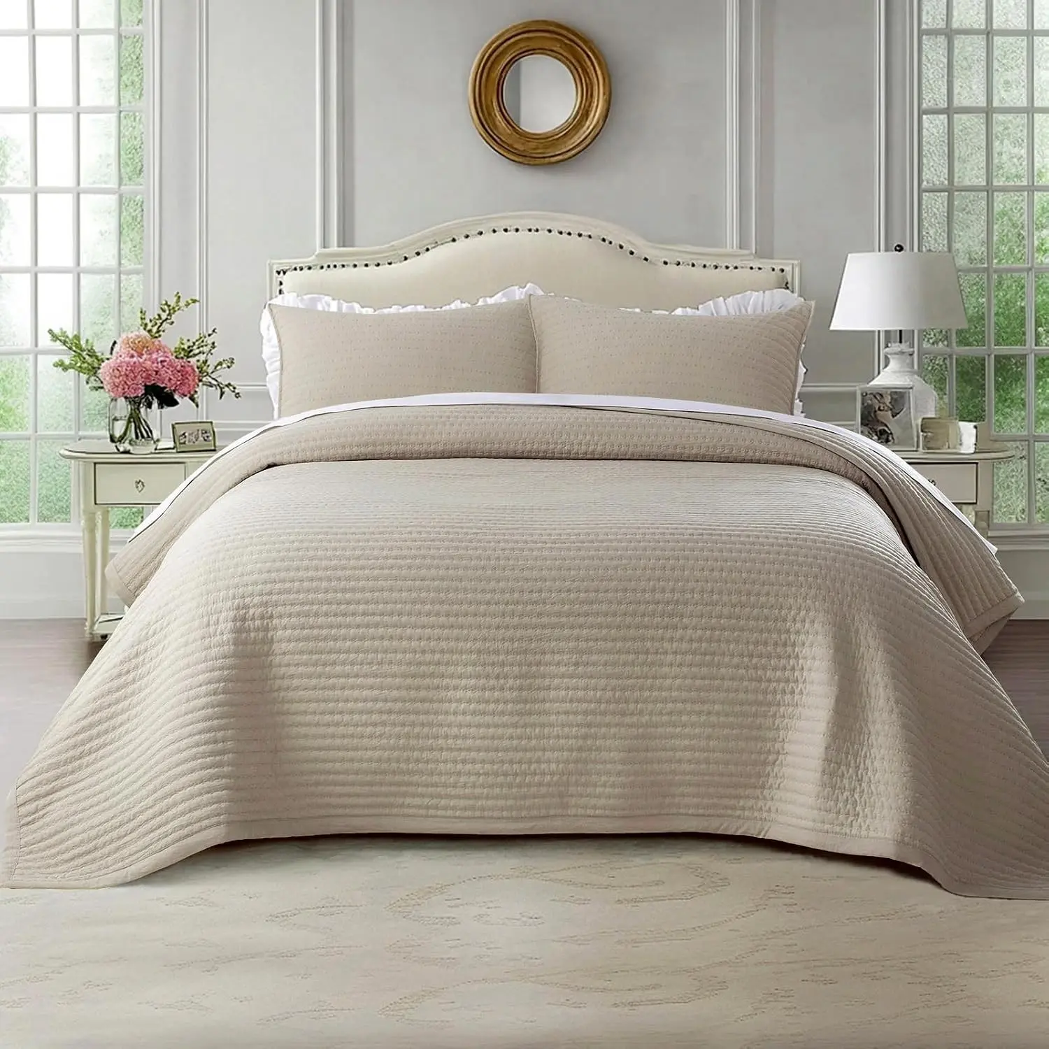 Oversized King Quilt Set 112"x106" Soft Washed 3-Layer Lightweight California King Bedspread Minimalist Nordic Design All-Season Spring & Summer Quilt Set 1 Quilt + 2 Pillow Shams Light Taupe