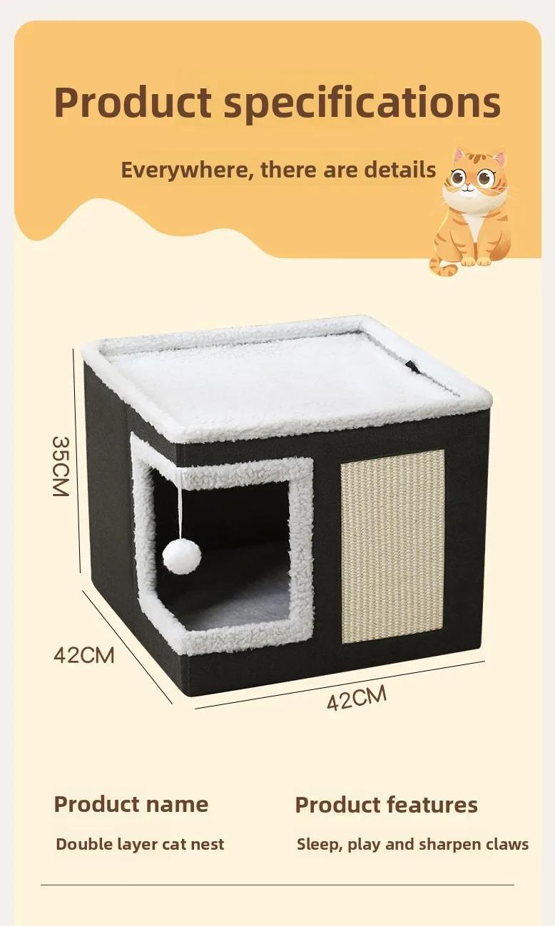 Cat Bed House Scratch Pad Foldable Square Design Solid Pattern Fashion Style Cat Cave Hideaway Cube Removable Washable Cushions for Indoor Cats Comfortable Cozy Pet Sleeping Nest with Scratching Function