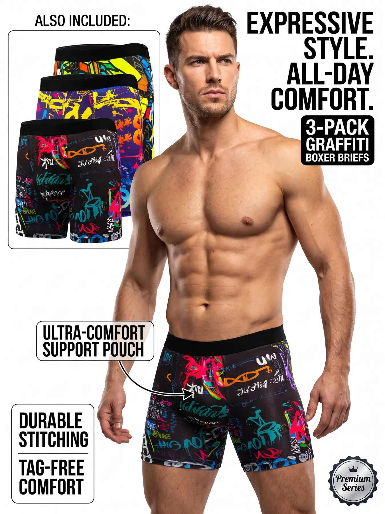 Men's 3-Pack Graffiti Print Boxers, Long Leg Design, Comfortable Breathable Skin-Friendly, Ideal for Running, Cycling, Hiking, All Seasons