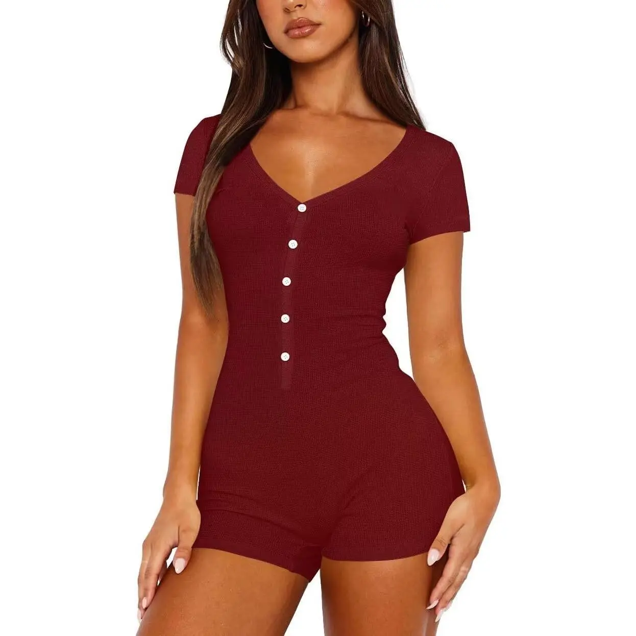 Women's Short Sleeve Rompers Summer V Neck Casual One Piece Shorts Jumpsuit Bodycon Pajama Set Onesie Sleepwear