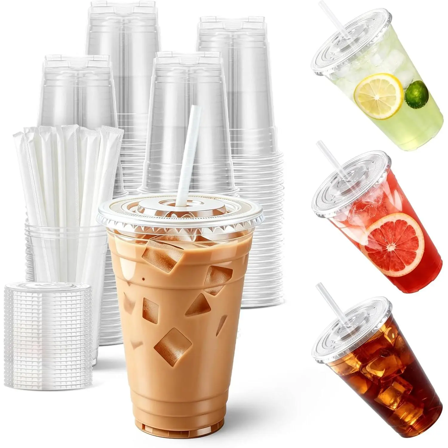 100-Pack 16 oz Cups with Lids and Straws, Disposable Plastic Cups with Lids - BPA-free, Perfect for Iced Coffee, Frappes, Milkshakes & Juice, Ideal for Home, Office & Parties