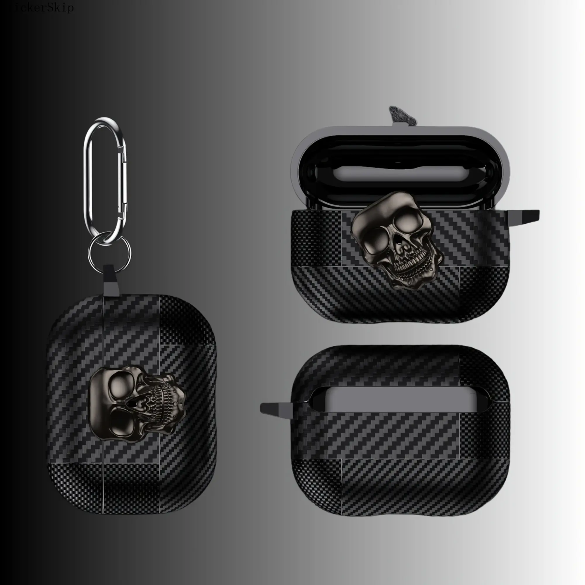2026 3D Skull Lock Carbon Fiber AirPods Case, Full-Body Shockproof Hard Shell Cover compatible with AirPods 1/2/3/4 & Pro 2, Tough Stylish Protective Shell for Daily Use & Outdoor Activities