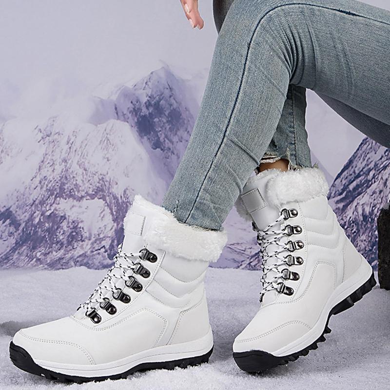 Women's Winter Snow Boots Waterproof Leather Faux Fur Lined Lace Up Ankle Booties Black Casual Warm Lightweight Anti-Slip Rubber Outsole Padded Soft Stylish Walking Shoes for Snowy Days Footwear White
